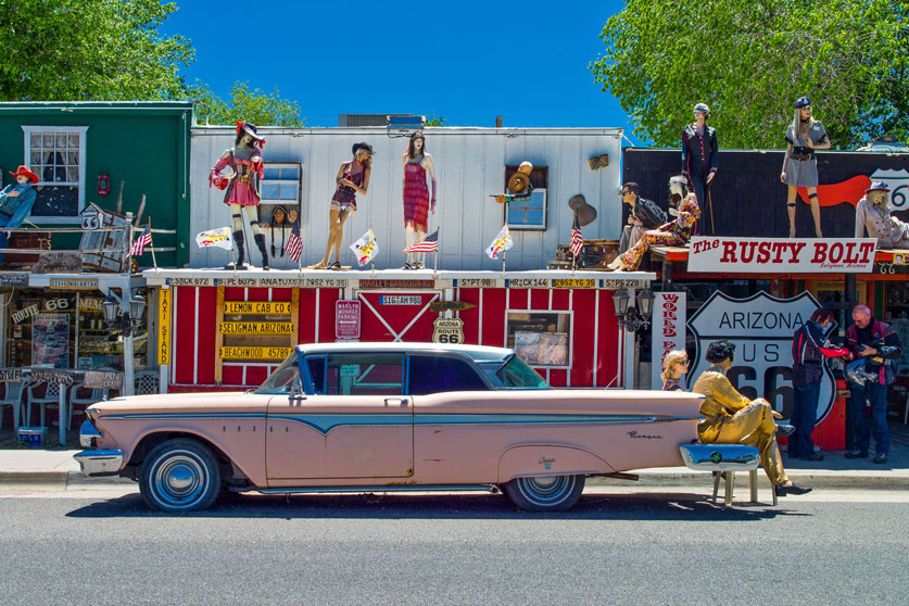 route 66 car tour, pink cadillac